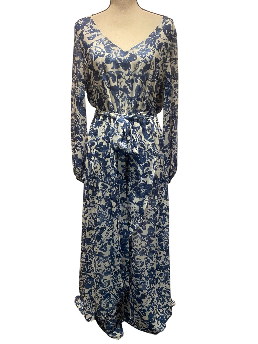 INC Women’s blue white floral flowy belted maxi dress New size 12
